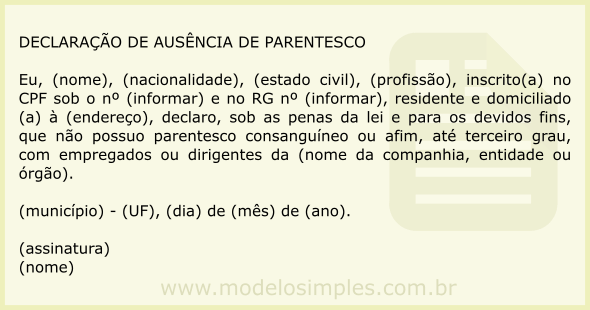 Modelo de Declaração de Ausência de Parentesco