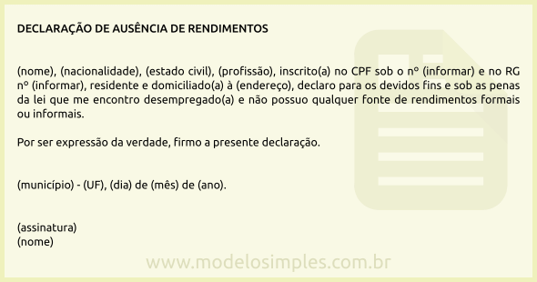 Modelo de Declaração de Ausência de Rendimentos