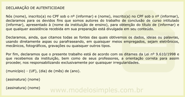 Modelo de Declaração de Autenticidade de Trabalho Acadêmico