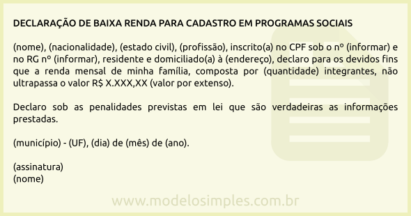 Modelo de Declaração de Baixa Renda para Cadastro em Programas Sociais