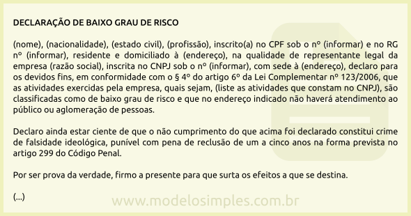 Modelo de Declaração de Baixo Grau de Risco