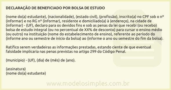 Modelo de Declaração de Beneficiado por Bolsa de Estudo