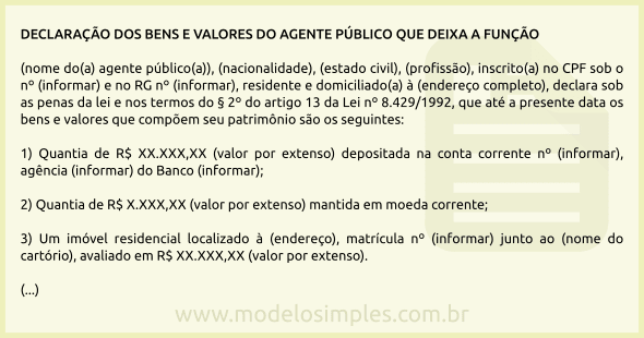 Modelo de Declaração de Bens do Agente Público que Deixa a Função