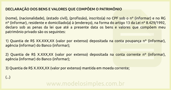 Modelo de Declaração de Bens e Valores para Posse e Exercício de Agente Público