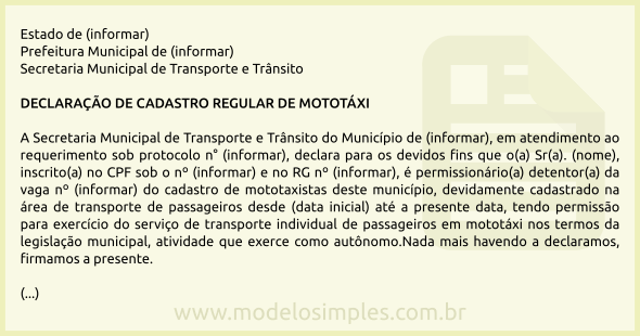 Modelo de Declaração de Cadastro Regular de Mototáxi