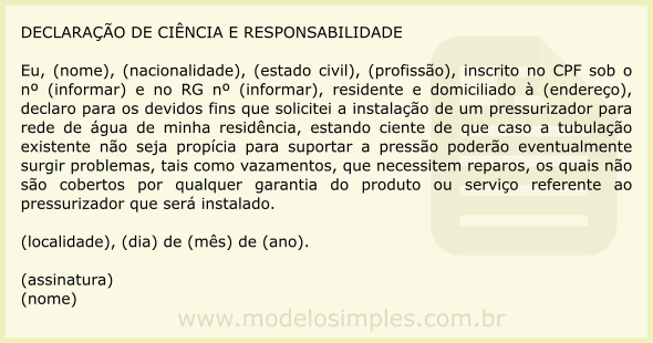 Modelo de Declaração de Ciência e Responsabilidade para Obra