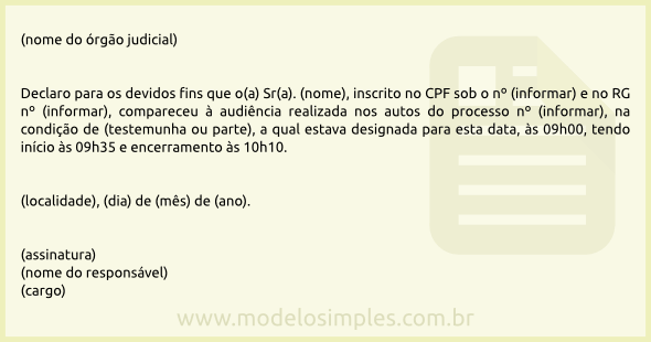 Modelo de Declaração de Comparecimento à Audiência Modelo de Declaração de Comparecimento à Audiência