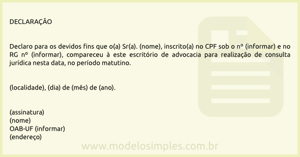 Modelo de Declaração de Comparecimento à Escritório de Advocacia