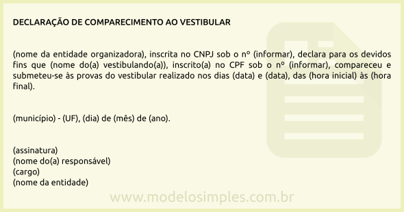 Modelo de Declaração de Comparecimento ao Vestibular