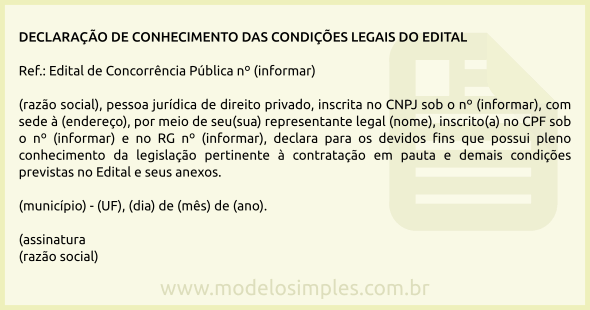 Modelo de Declaração de Conhecimento das Condições Legais do Edital