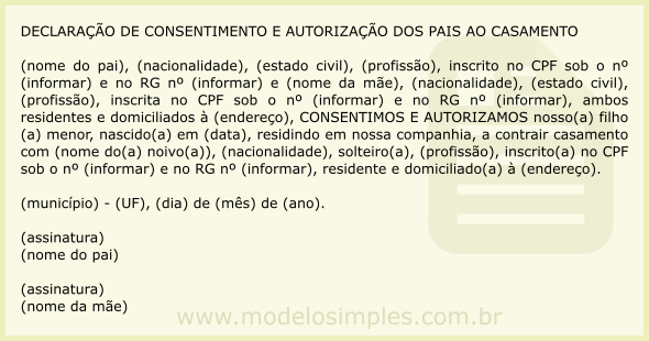 Modelo de Declaração de Consentimento e Autorização dos Pais ao Casamento