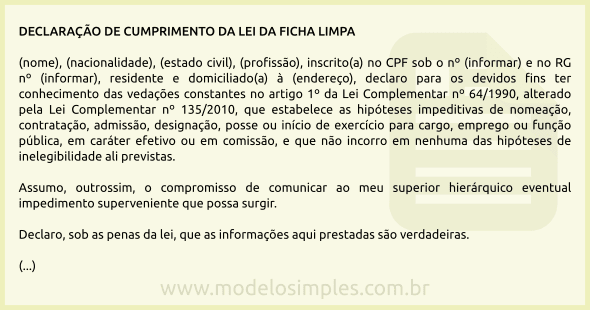 Modelo de Declaração de Cumprimento da Lei da Ficha Limpa