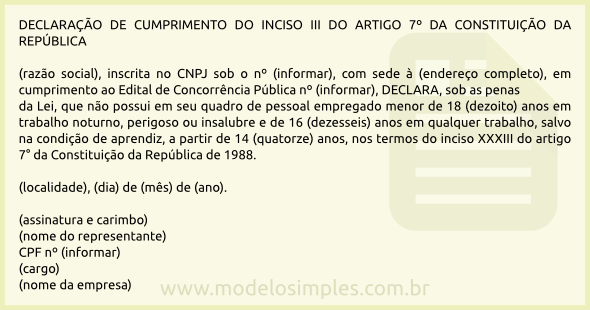 Modelo de Declaração de Cumprimento do Inciso XXXIII do Artigo 7º da Constituição