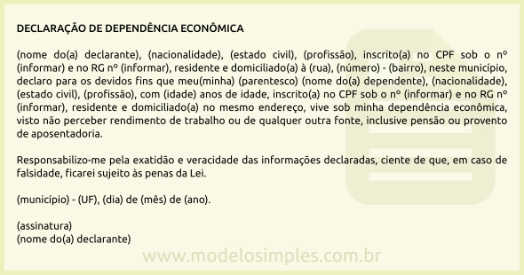 Modelo de Declaração de Dependência Econômica