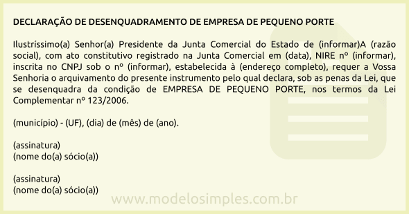 Modelo de Declaração de Desenquadramento de Empresa de Pequeno Porte