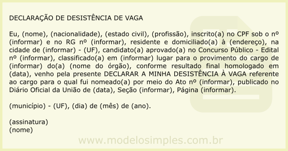 Modelo de Declaração de Desistência de Vaga em Concurso 