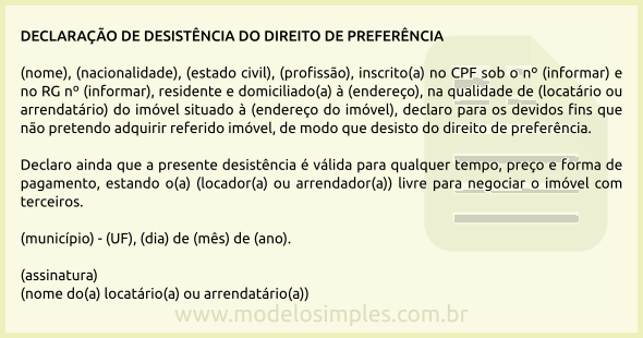 Modelo de Declaração de Desistência do Direito de Preferência