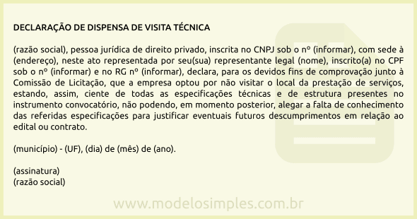 Modelo de Declaração de Dispensa de Visita Técnica para Licitação