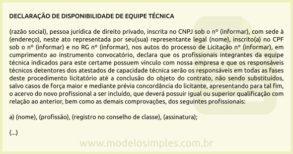 Modelo de Declaração de Disponibilidade de Equipe Técnica