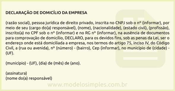 Modelo de Declaração de Domicílio da Empresa