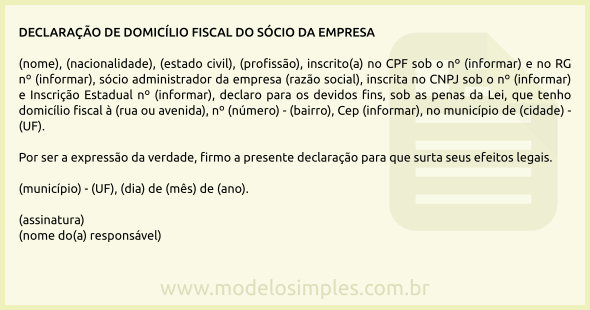 Modelo de Declaração de Domicílio Fiscal do Sócio da Empresa