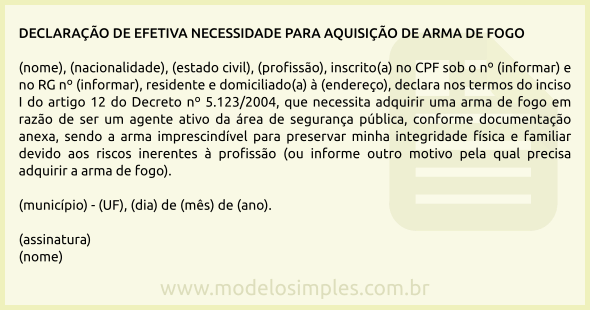 Modelo de Declaração de Efetiva Necessidade de Aquisição de Arma de Fogo