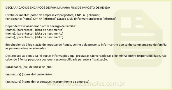 Modelo de Declaração de Encargos de Família para Fins de Imposto de Renda