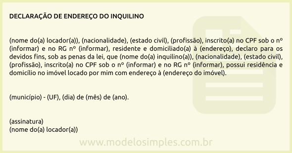 Modelo de Declaração de Endereço para o Inquilino