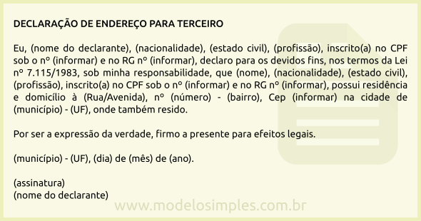 Modelo de Declaração de Endereço para Terceiro