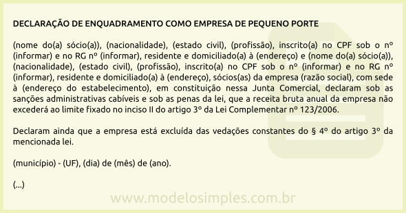 Modelo de Declaração de Enquadramento como Empresa de Pequeno Porte