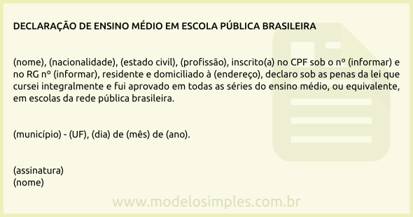 Modelo de Declaração de Ensino Médio em Escola Pública Brasileira