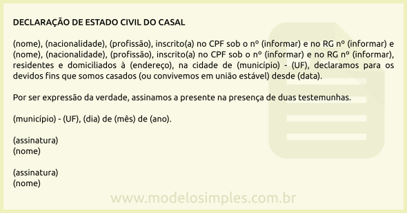 Modelo de Declaração de Estado Civil do Casal