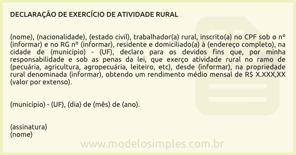 Modelo de Declaração de Exercício de Atividade Rural