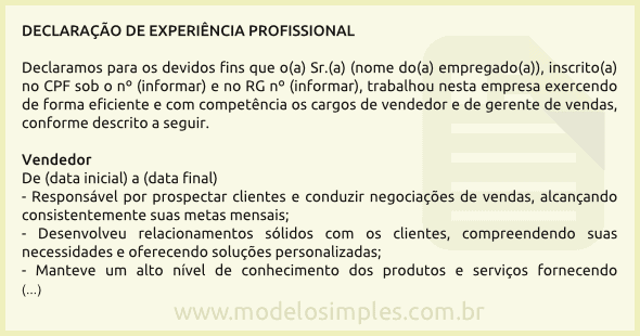 Modelo de Declaração de Experiência Profissional