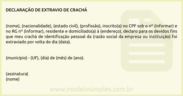 Modelo de Declaração de Extravio de Crachá