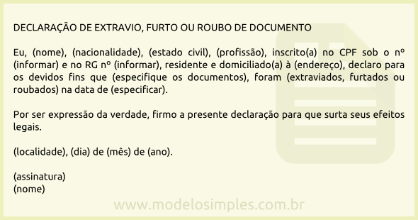 Modelo de Declaração de Extravio, Furto ou Roubo de Documento