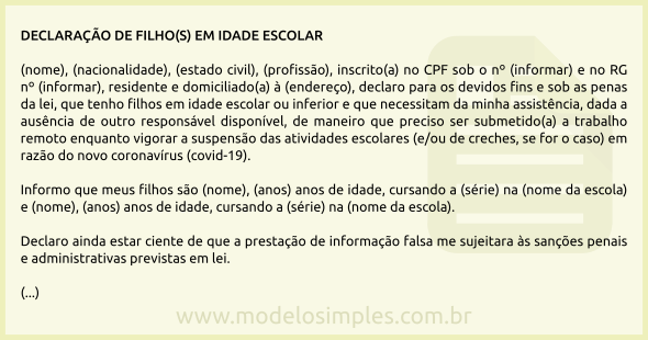 Modelo de Declaração de Filhos em Idade Escolar