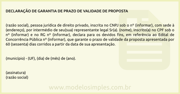 Modelo de Declaração de Garantia de Prazo de Validade da Proposta