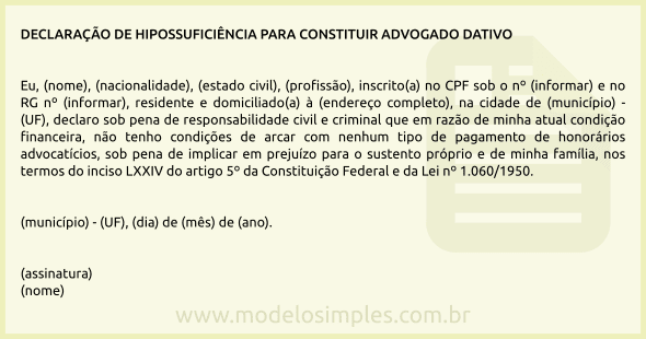 Modelo de Declaração de Hipossuficiência para Advogado Dativo