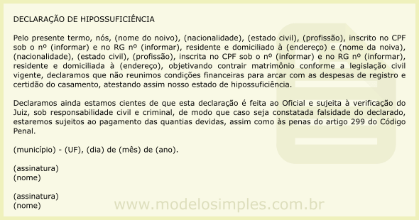 Modelo de Declaração de Hipossuficiência para Casamento Civil