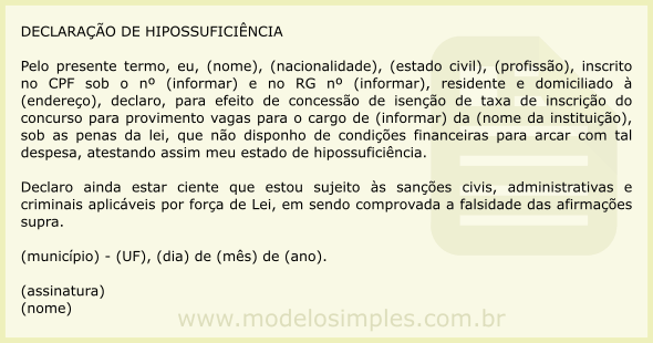 Modelo de Declaração de Hipossuficiência para Concurso Público