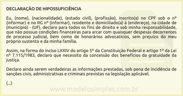 Modelo de Declaração de Hipossuficiência