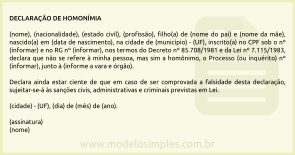 Modelo de Declaração de Homonímia