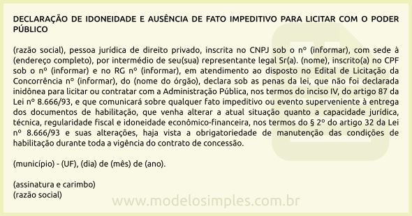 Modelo de Declaração de Idoneidade e Ausência de Fato Impeditivo para Licitar