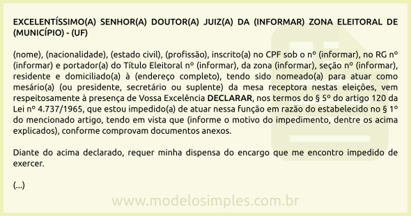 Modelo de Declaração de Impedimento para Atuar na Mesa Receptora nas Eleições