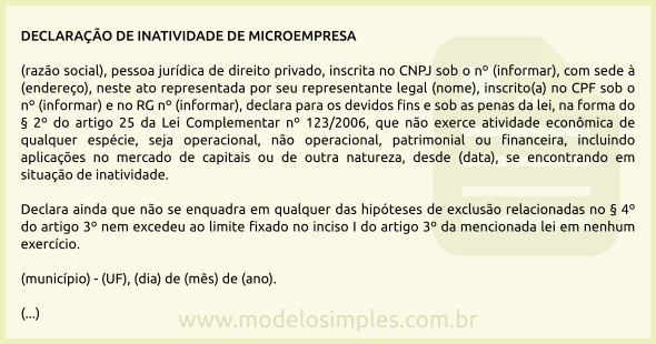 Modelo de Declaração de Inatividade da Microempresa