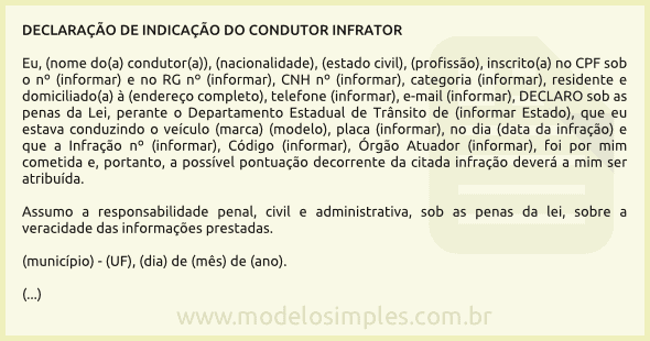 Modelo de Declaração de Indicação do Condutor Infrator