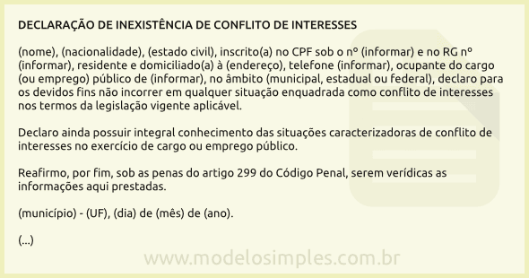 Modelo de Declaração de Inexistência de Conflito de Interesses