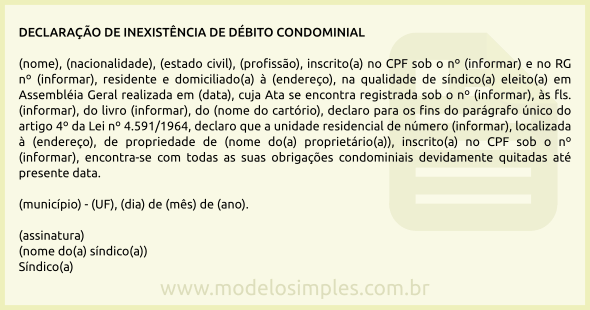 Modelo de Declaração de Inexistência de Débito Condominial