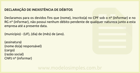 Modelo de Declaração de Inexistência de Débitos